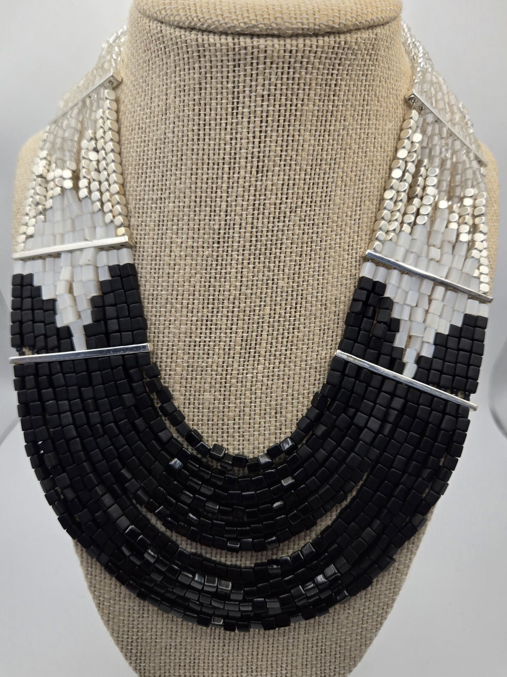 Chico's Bold Black White Silver Statement Necklace Art Deco Geometric Design